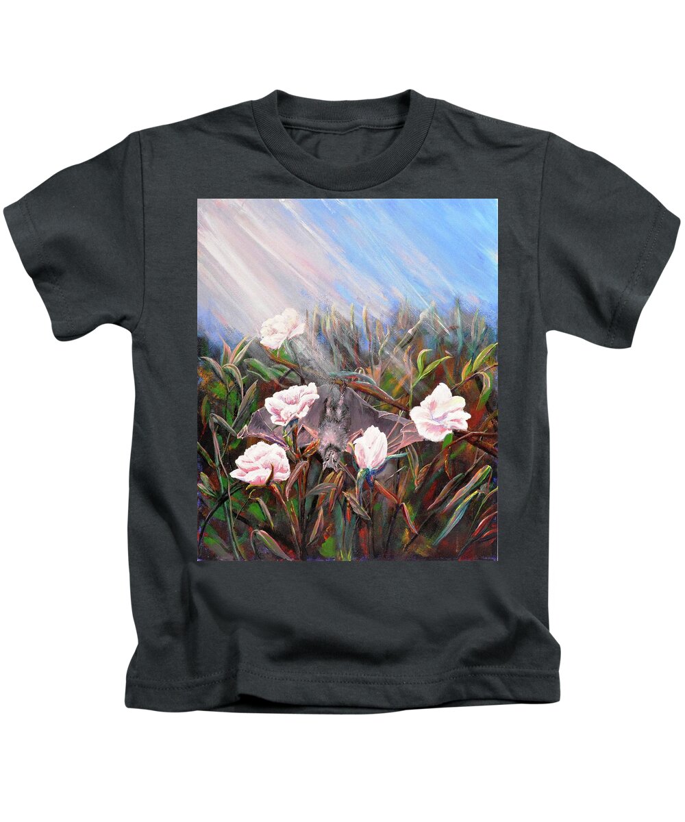 Bat Kids T-Shirt featuring the painting Bat in Rose Bush by Medea Ioseliani