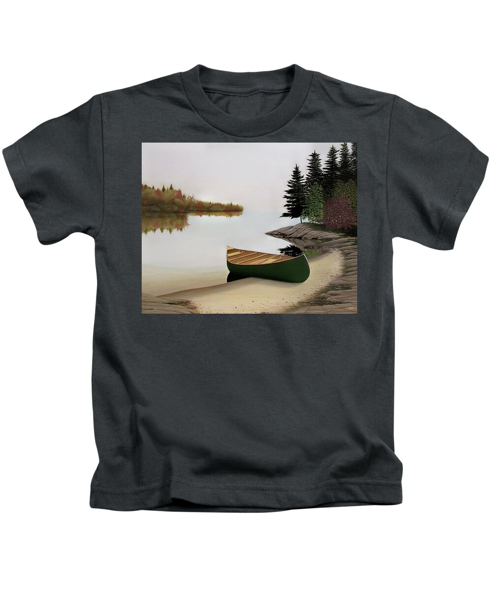 Canoe Paintings Kids T-Shirt featuring the painting Beached Canoe in Muskoka by Kenneth M Kirsch