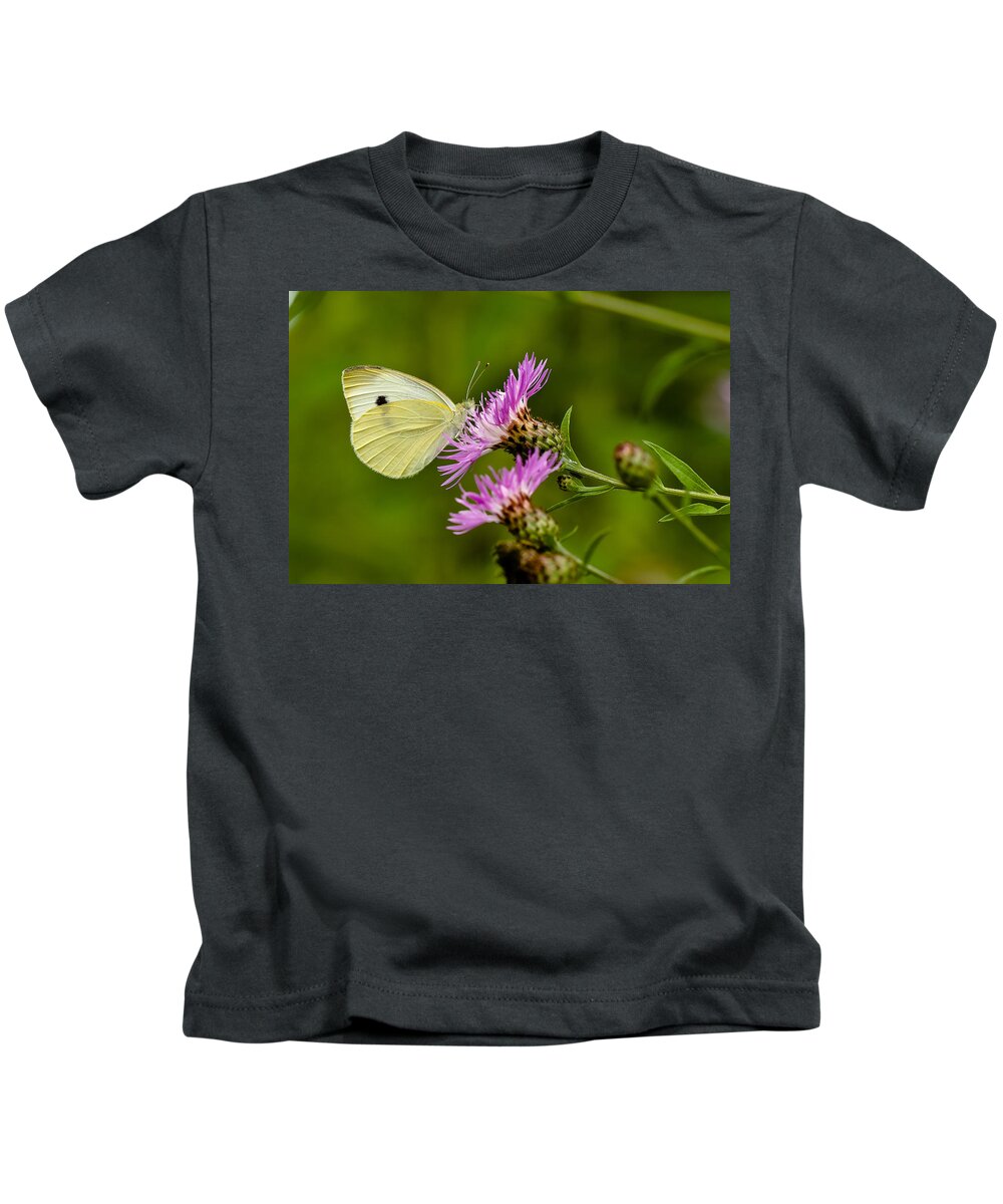 Macro Kids T-Shirt featuring the photograph Beautiful Butterfly on Pink Thistle by Lori Coleman