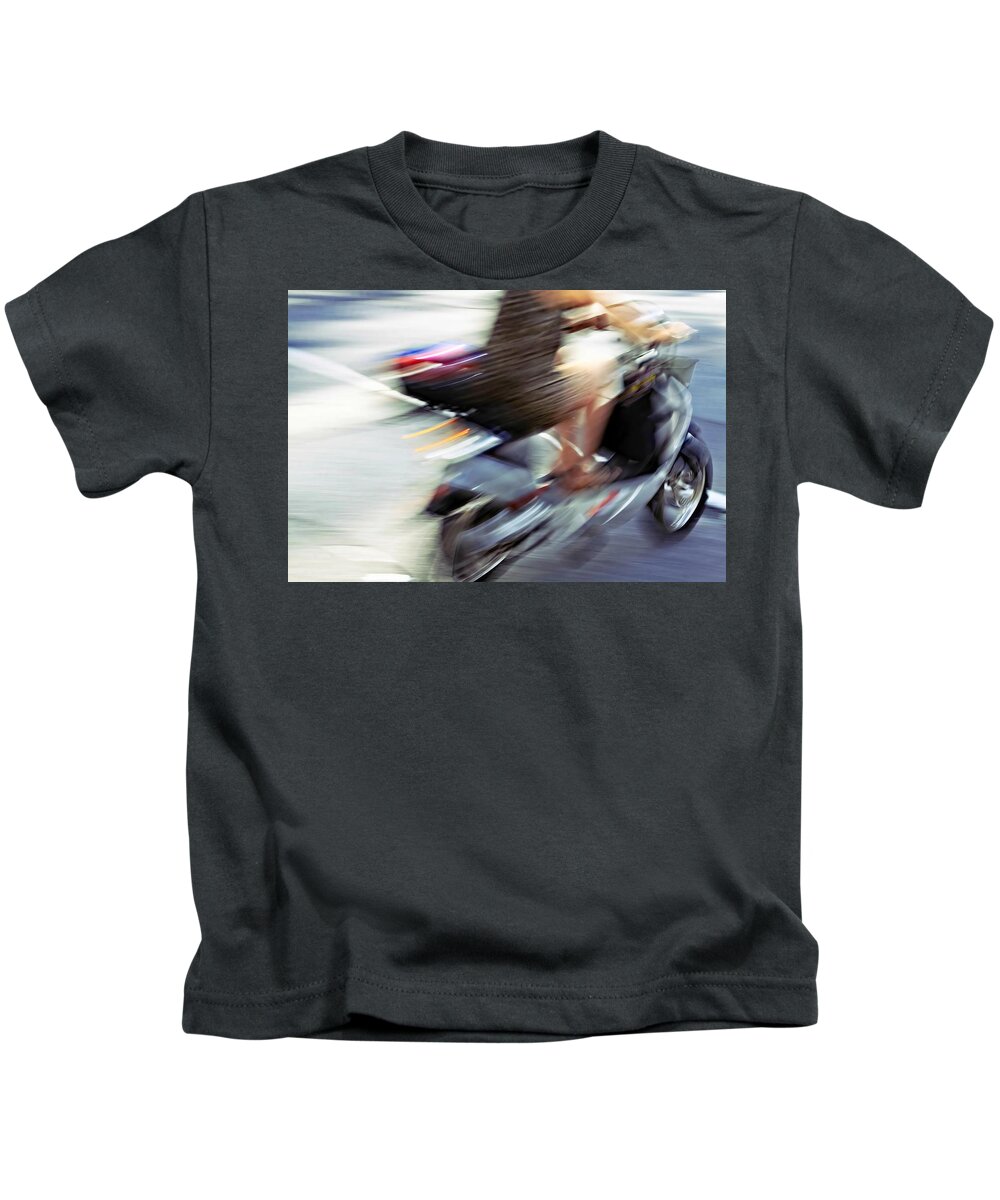 Motion Blur Kids T-Shirt featuring the photograph Bike in motion by Tatiana Travelways