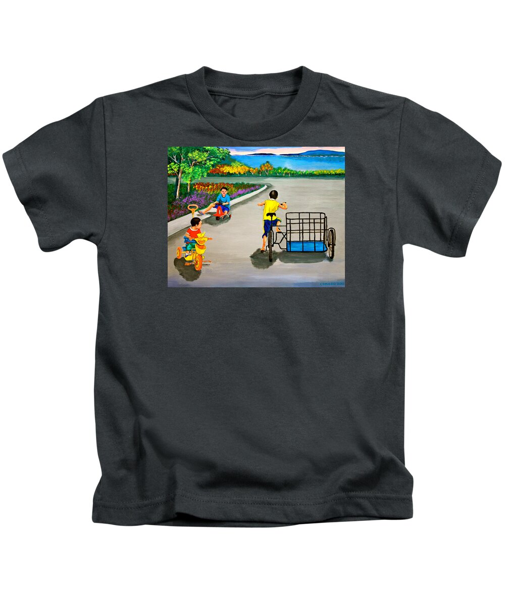 Children Kids T-Shirt featuring the painting Bikes by Cyril Maza