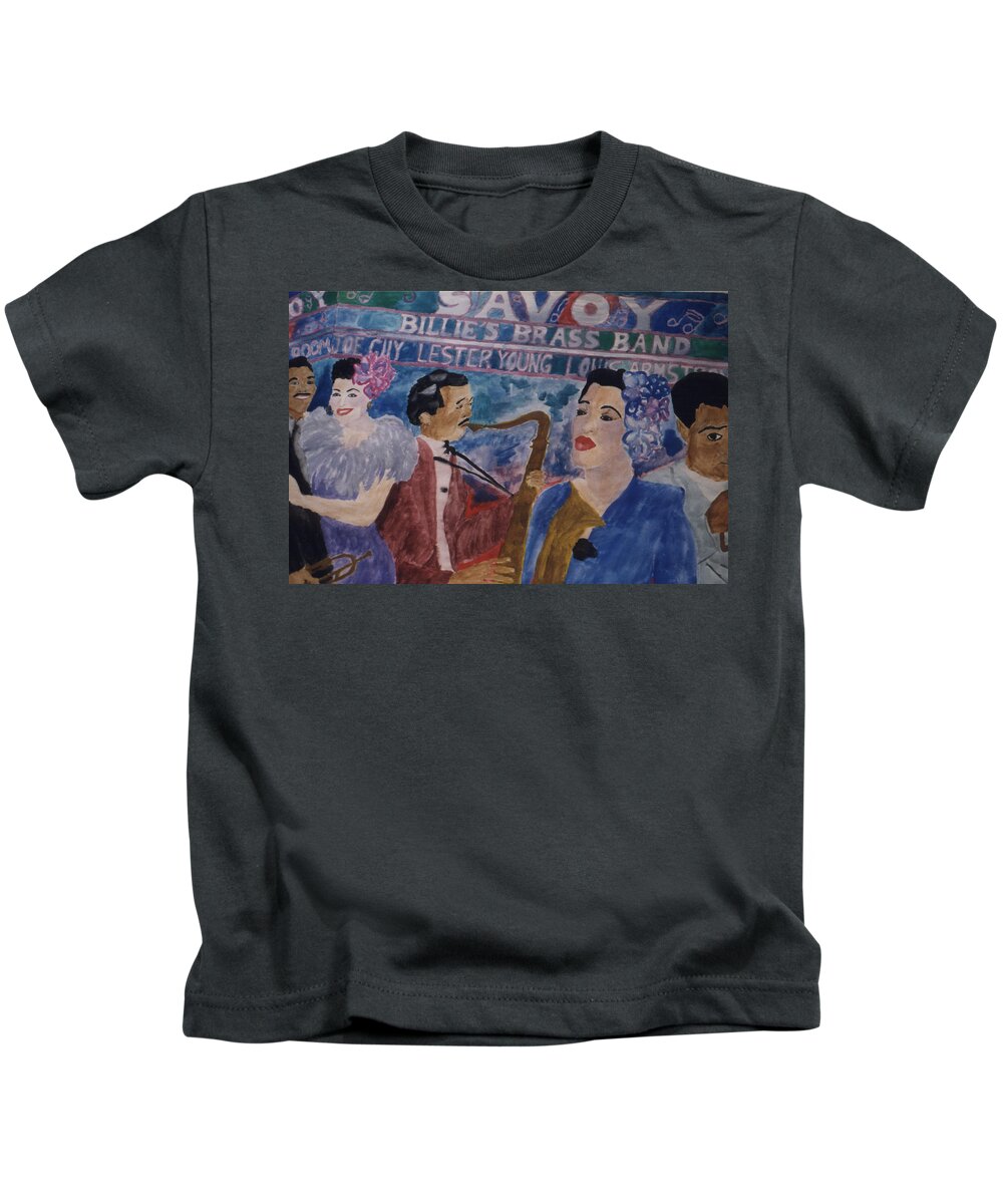 Billie Holiday Kids T-Shirt featuring the painting Billie's Brass Band by Rachel Natalie Rawlins