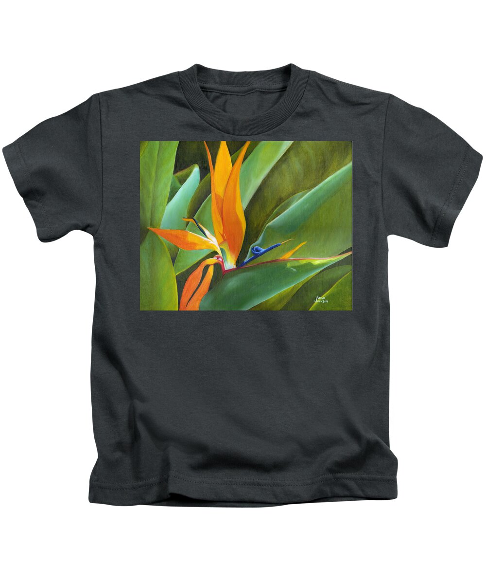 Bird Kids T-Shirt featuring the painting Bird of Paradise by Adam Johnson