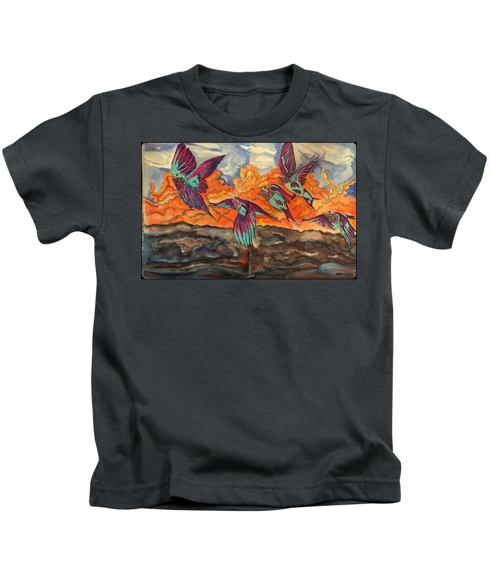 Birds Kids T-Shirt featuring the drawing Birds in Flight by Angela Weddle