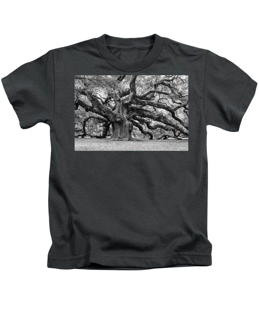 Angel Oak Kids T-Shirt featuring the photograph Black and White Angel Oak Tree by Louis Dallara