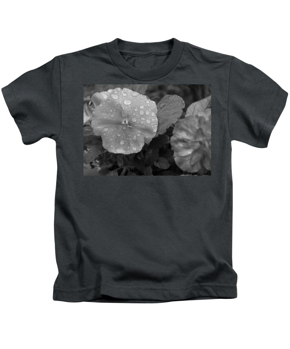 Flower Kids T-Shirt featuring the photograph Black and White Dewy Pansy 1 by Amy Fose