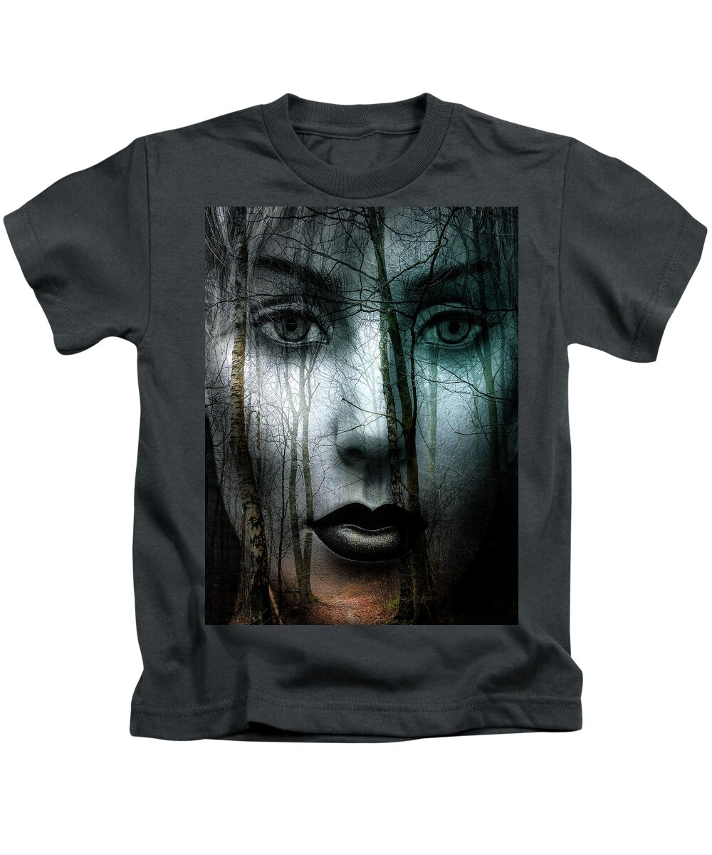 Woman Kids T-Shirt featuring the digital art Black lips in the forest by Gabi Hampe