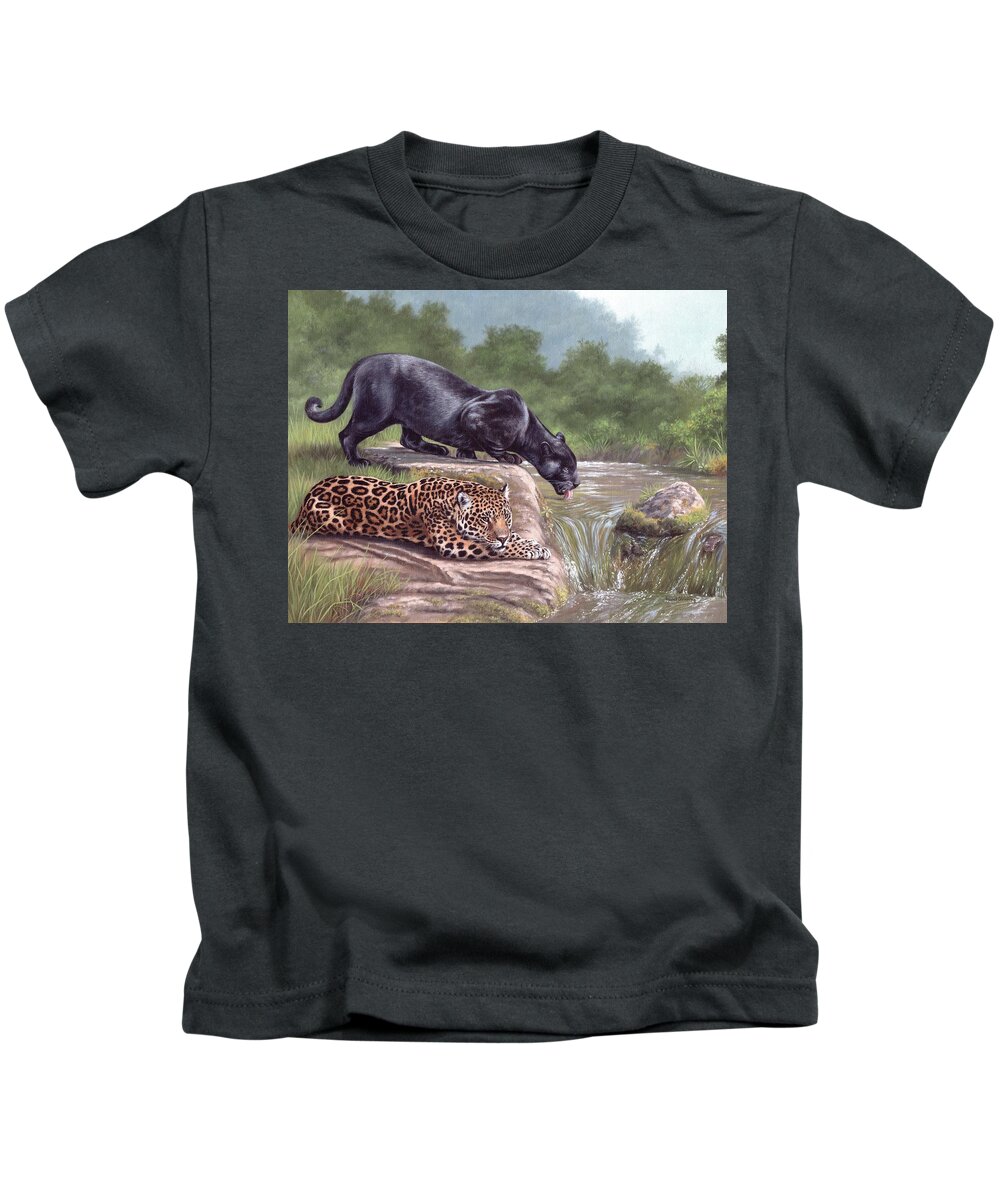 Black Panther Kids T-Shirt featuring the painting Black Panther and Jaguar by Rachel Stribbling
