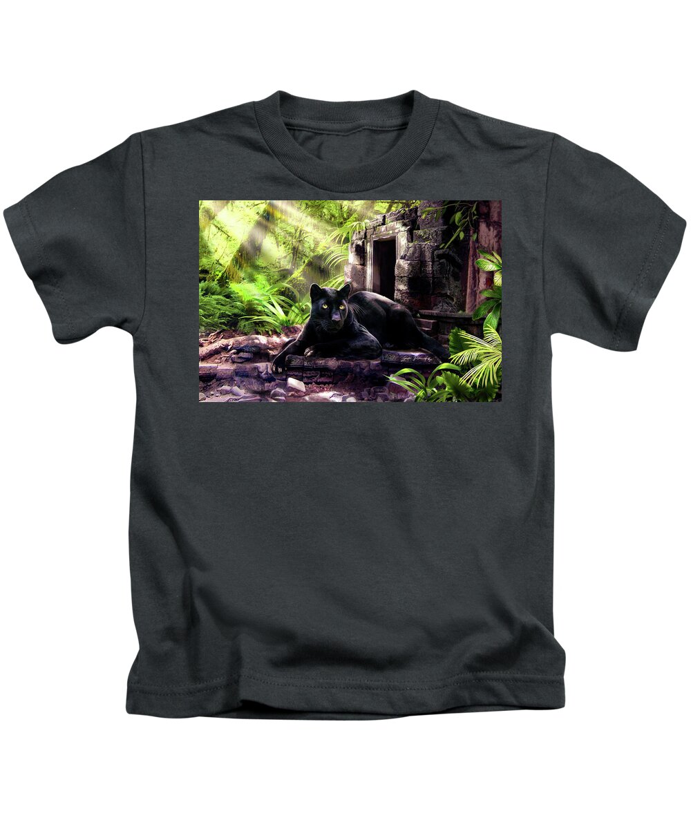 Animal Scene Kids T-Shirt featuring the painting Black Panther Custodian of Ancient Temple Ruins by Regina Femrite