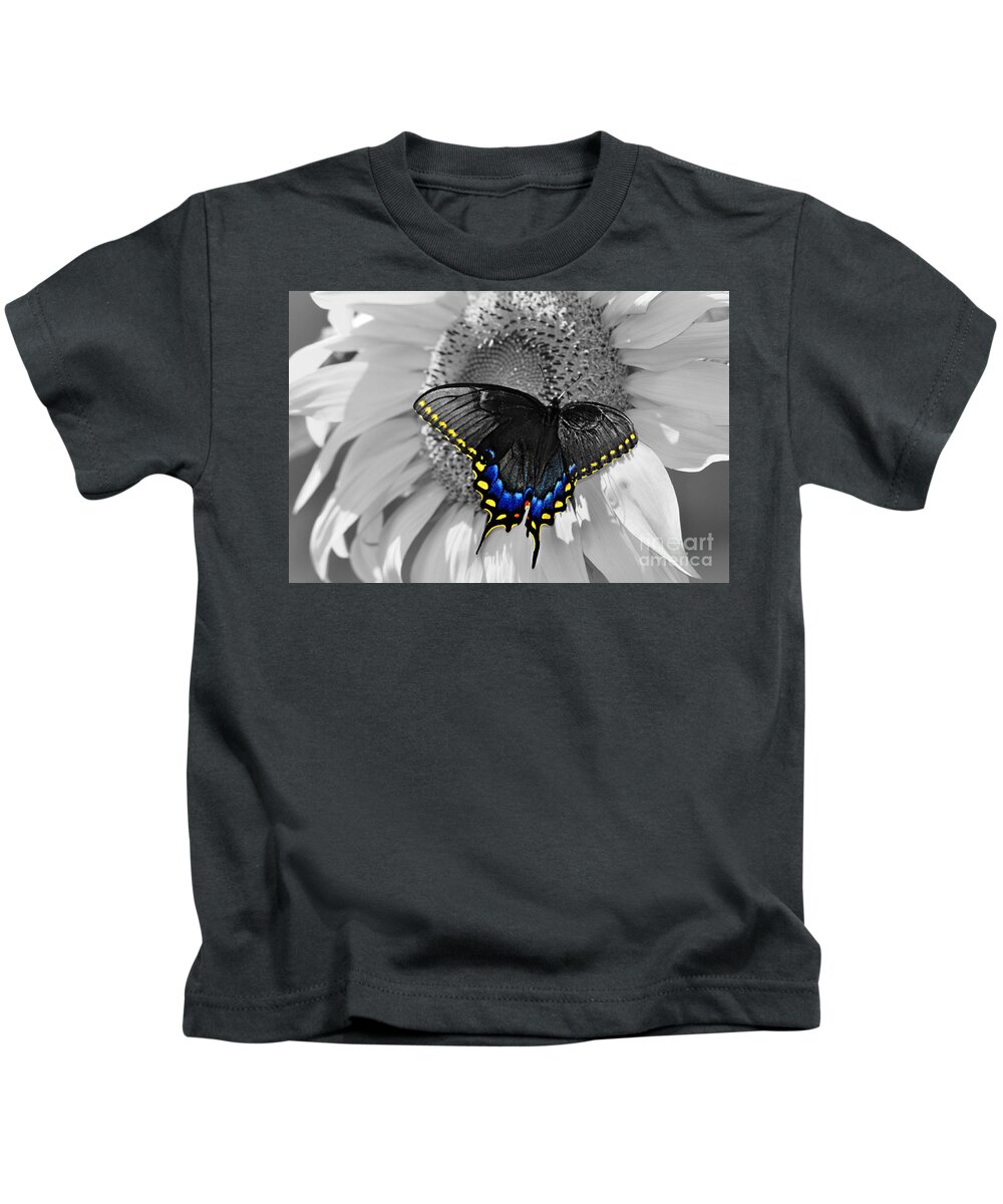 Butterfly Kids T-Shirt featuring the photograph Black Swallowtail and Sunflower Color Splash by Eric Liller