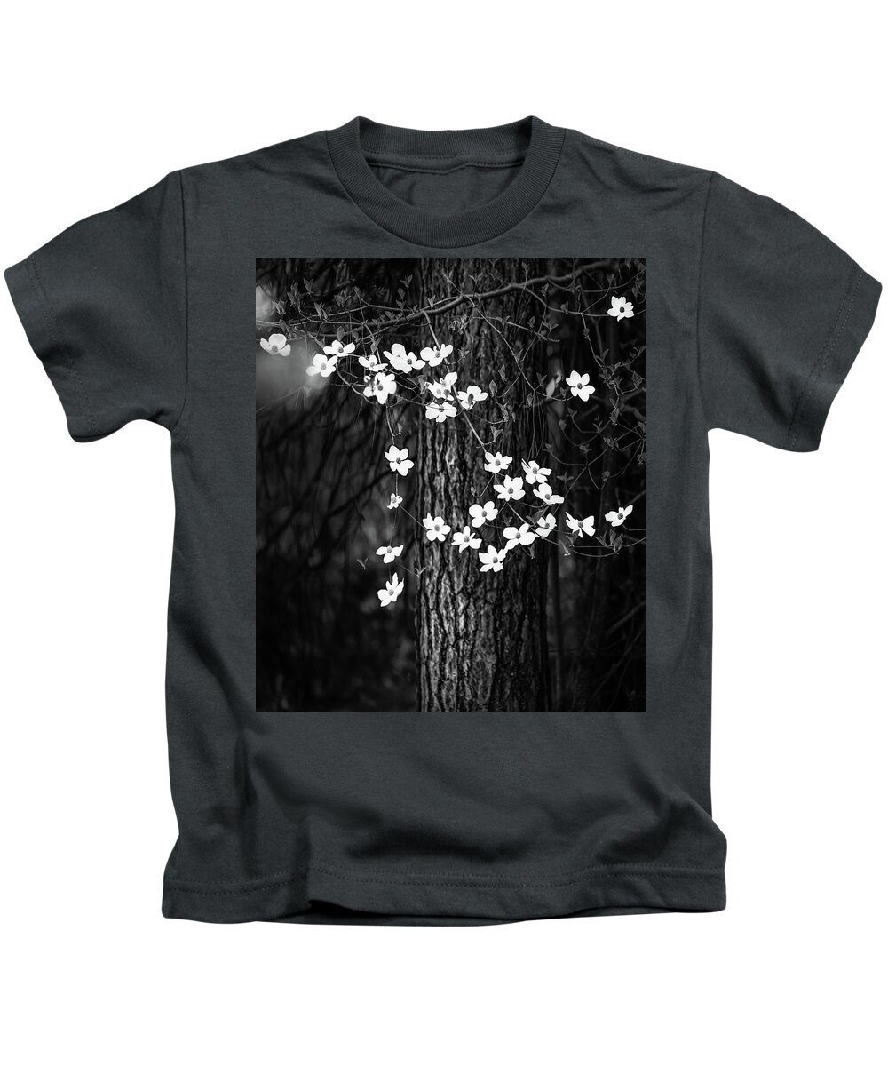 Yosemite Kids T-Shirt featuring the photograph Blooming Dogwoods in Yosemite Black and White by Larry Marshall