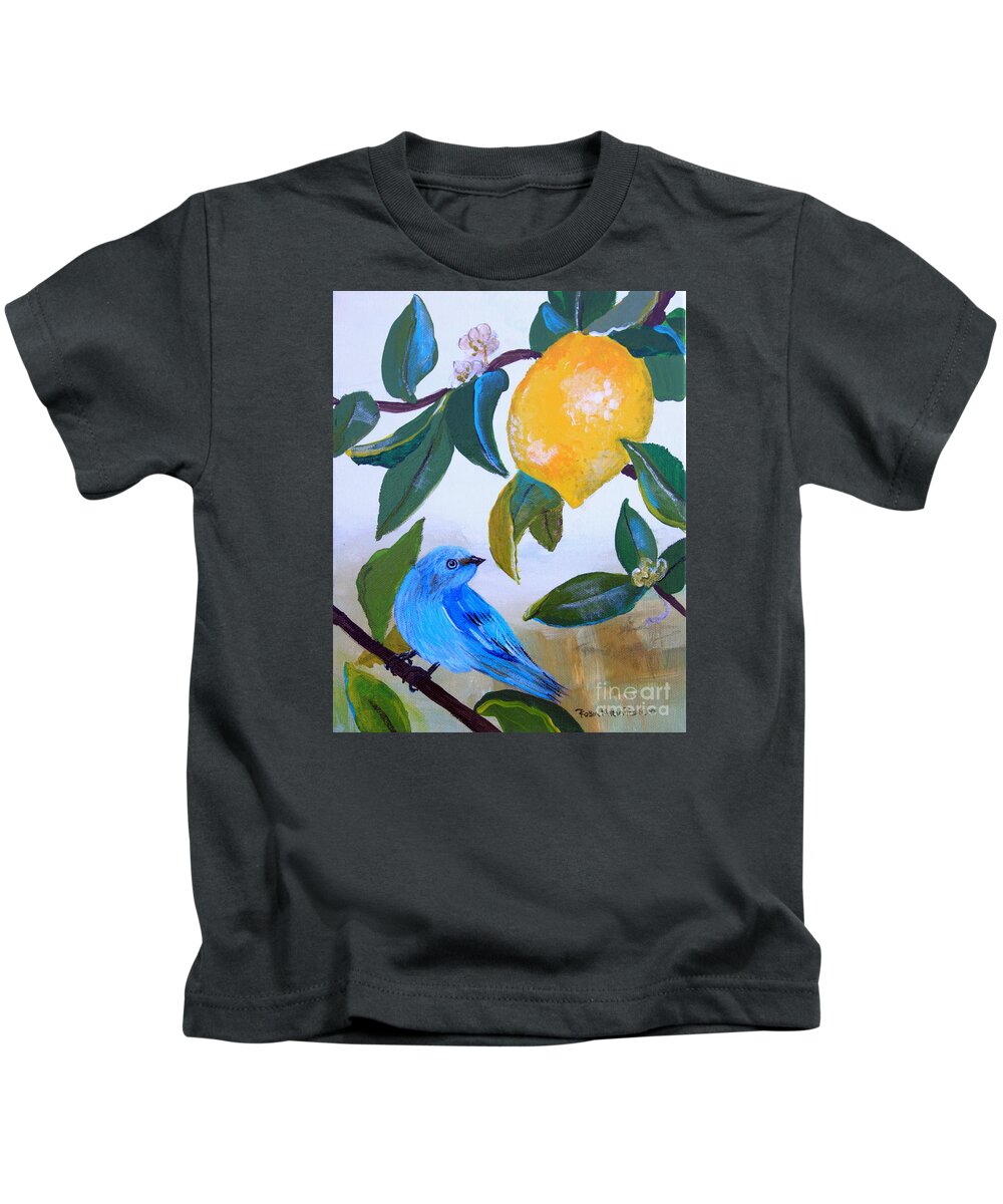 Blue Bird Kids T-Shirt featuring the painting Blue Bird in Lemon Tree by Robin Pedrero