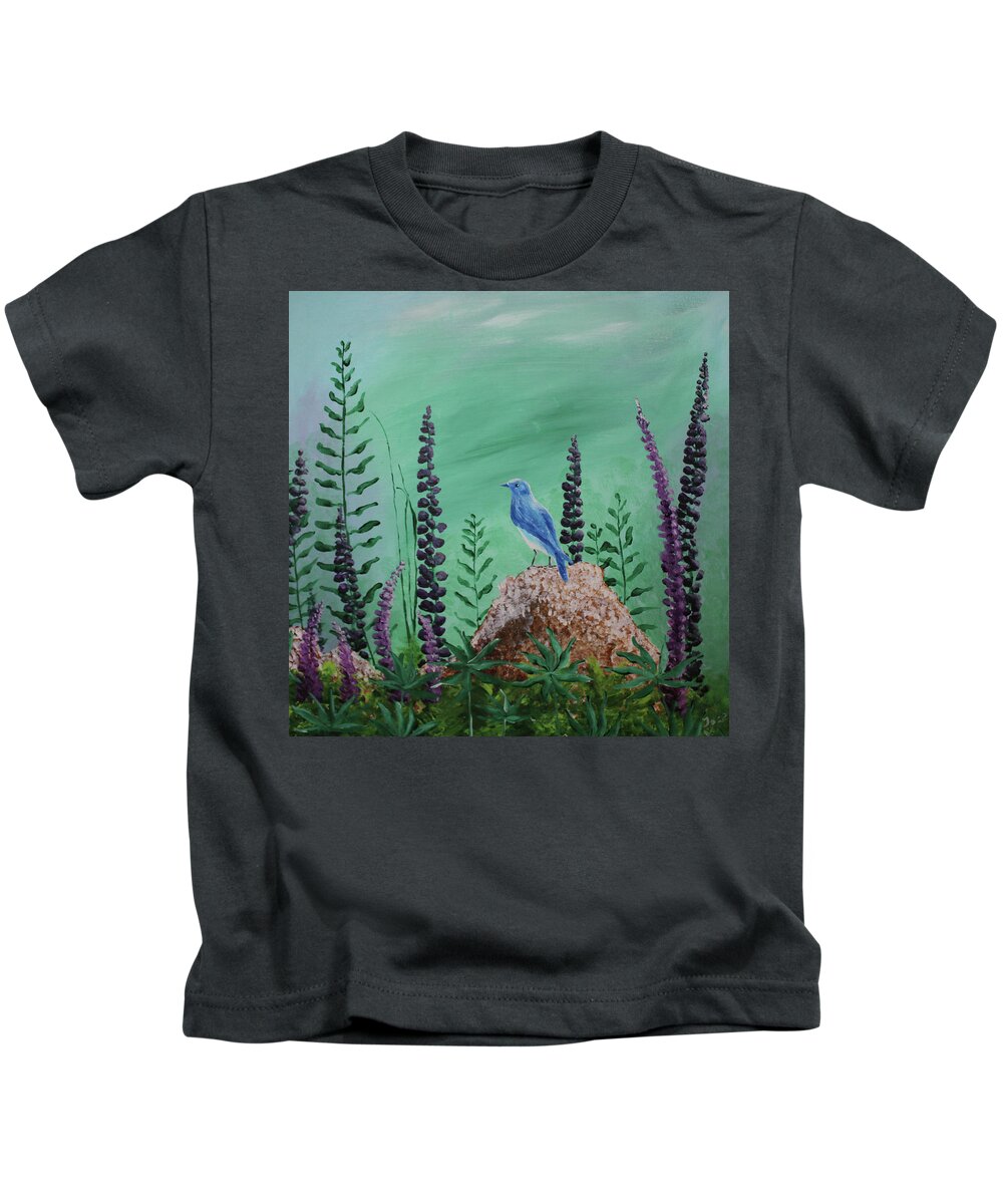 Acrylic Kids T-Shirt featuring the painting Blue chickadee standing on a rock 2 by Martin Valeriano