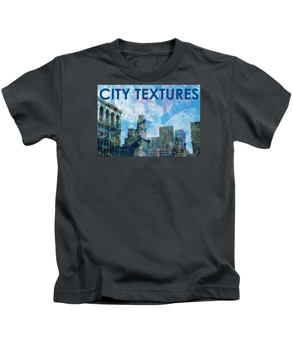 Art With Buildings Kids T-Shirt featuring the mixed media Blue City Textures by John Fish