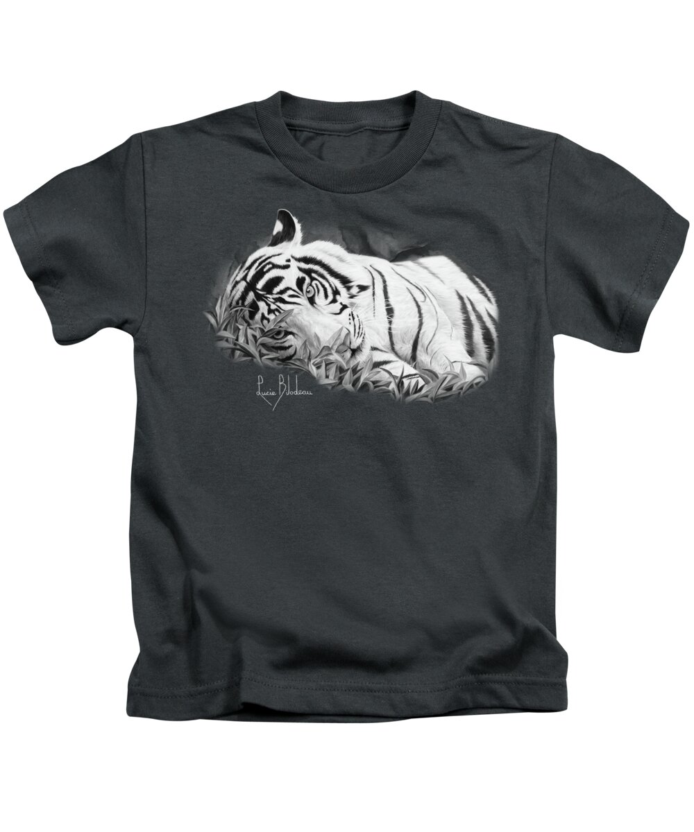 Tiger Kids T-Shirt featuring the painting Blue Eyes - Black and White by Lucie Bilodeau