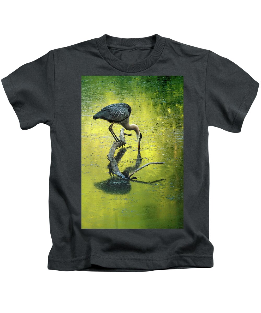 Blue Heron Kids T-Shirt featuring the photograph Blue Heron Reflection by Rob Blair