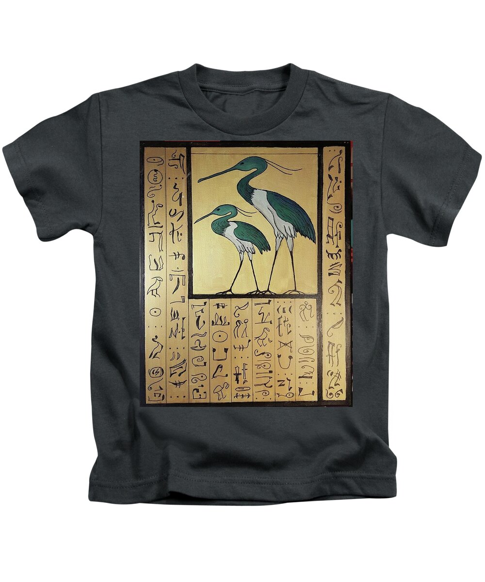 #acrylicpaintings #acrylicegyptianart #abstractpaintings #abstractacrylics #coolart #coolpaintings #sugarplumtheband #egyptianpaintings #paintingswithhieroglyphics #egyptianart Kids T-Shirt featuring the painting Blue Herons by Cynthia Silverman