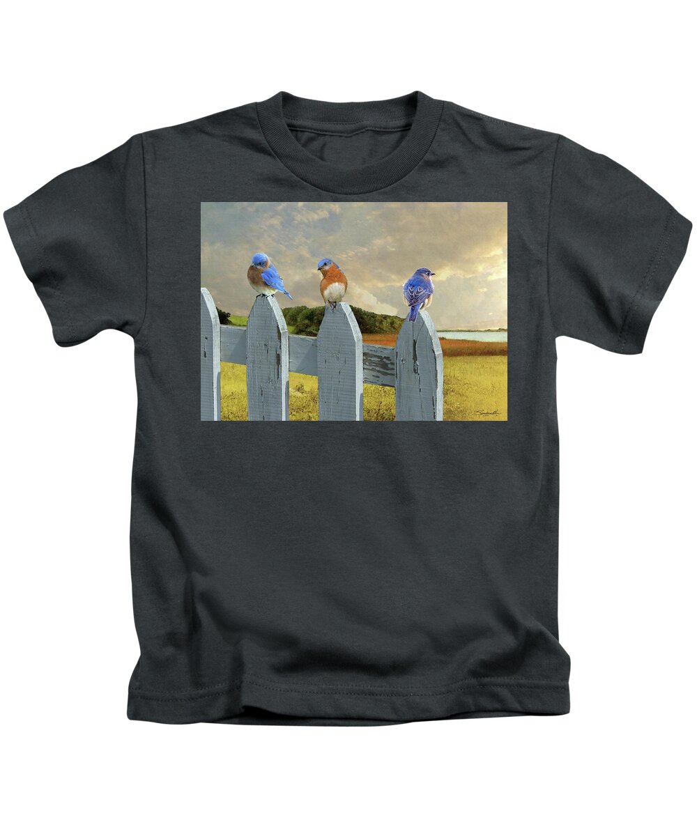 Birds Kids T-Shirt featuring the digital art Bluebirds In My Heart by M Spadecaller