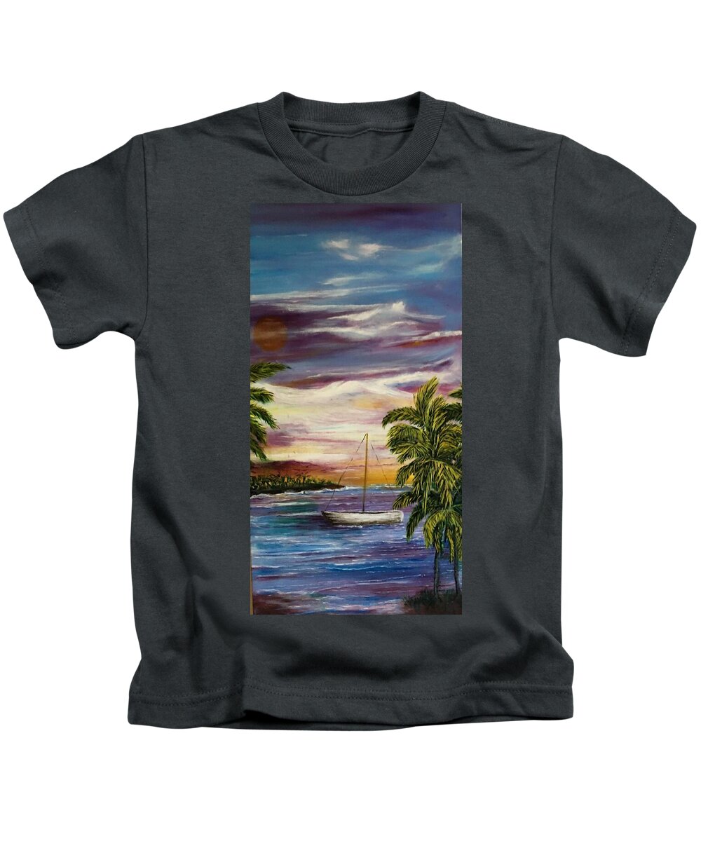 Blue Moon Kids T-Shirt featuring the painting Anchored at Sunset Lagoon by Michael Silbaugh