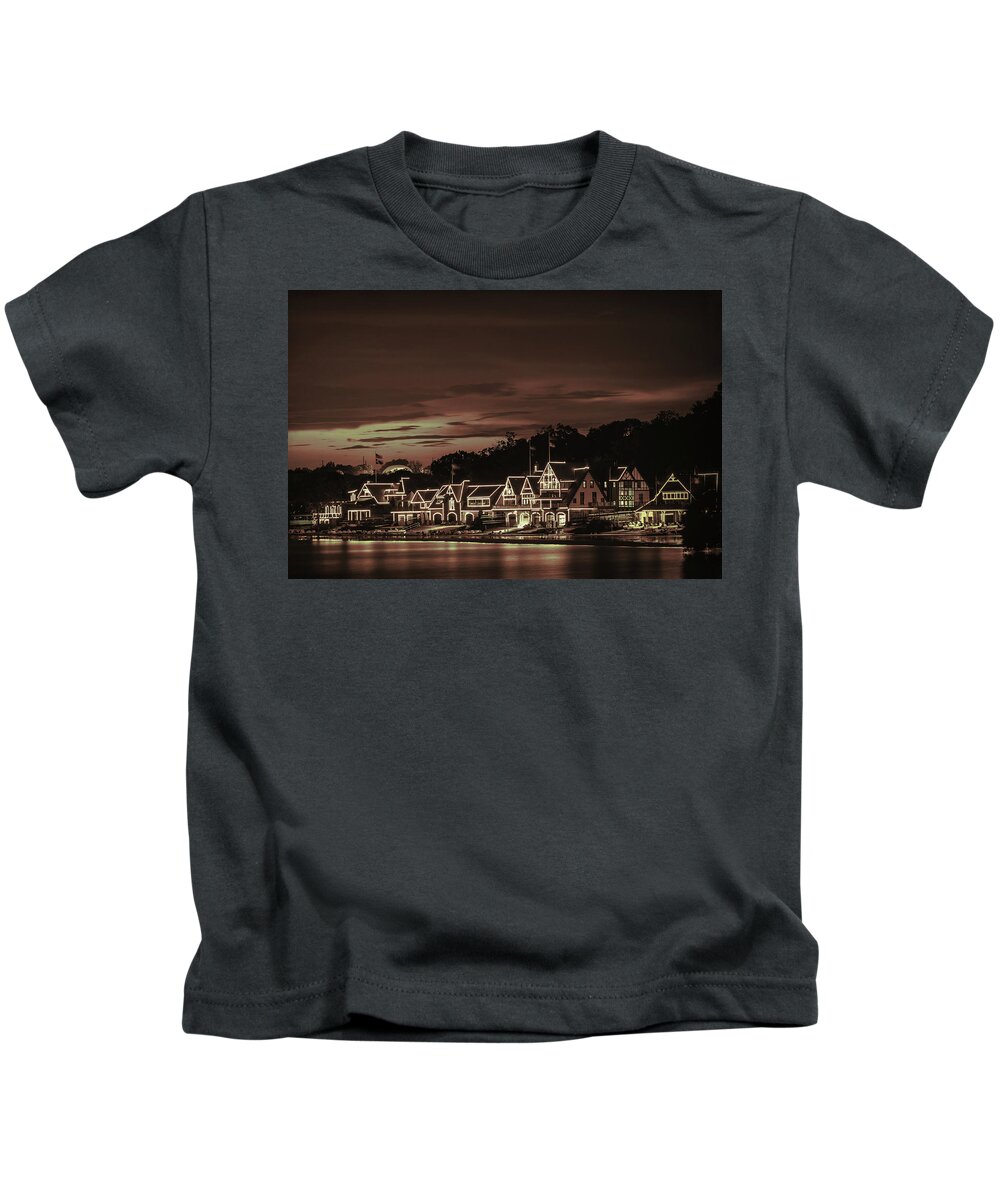 Terry D Photography Kids T-Shirt featuring the photograph Boathouse Row Philadelphia Pa Night Retro by Terry DeLuco