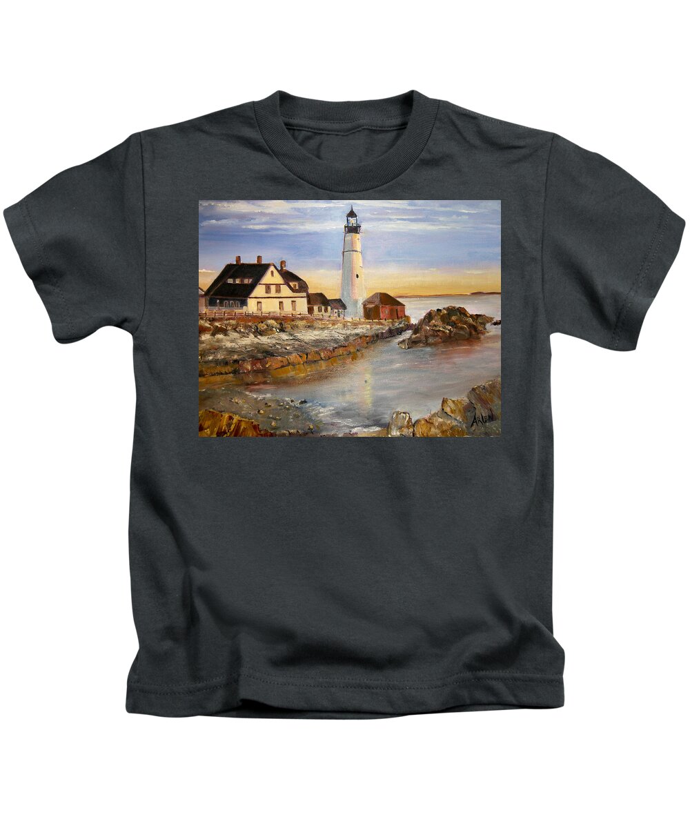 Boston Kids T-Shirt featuring the painting Boston rocky coast by Arlen Avernian - Thorensen