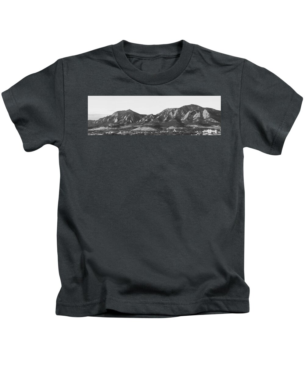 'boulder Photos' Kids T-Shirt featuring the photograph Boulder Colorado Flatirons and CU Campus Panorama BW by James BO Insogna
