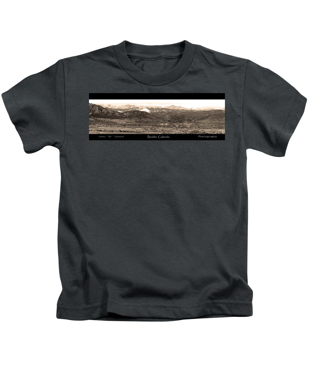 Boulder Kids T-Shirt featuring the photograph Boulder Colorado Sepia Panorama Poster print by James BO Insogna
