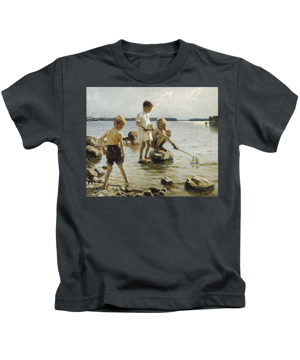 19th Century Art Kids T-Shirt featuring the painting Boys Playing on the Shore, 1884 by Albert Edelfelt