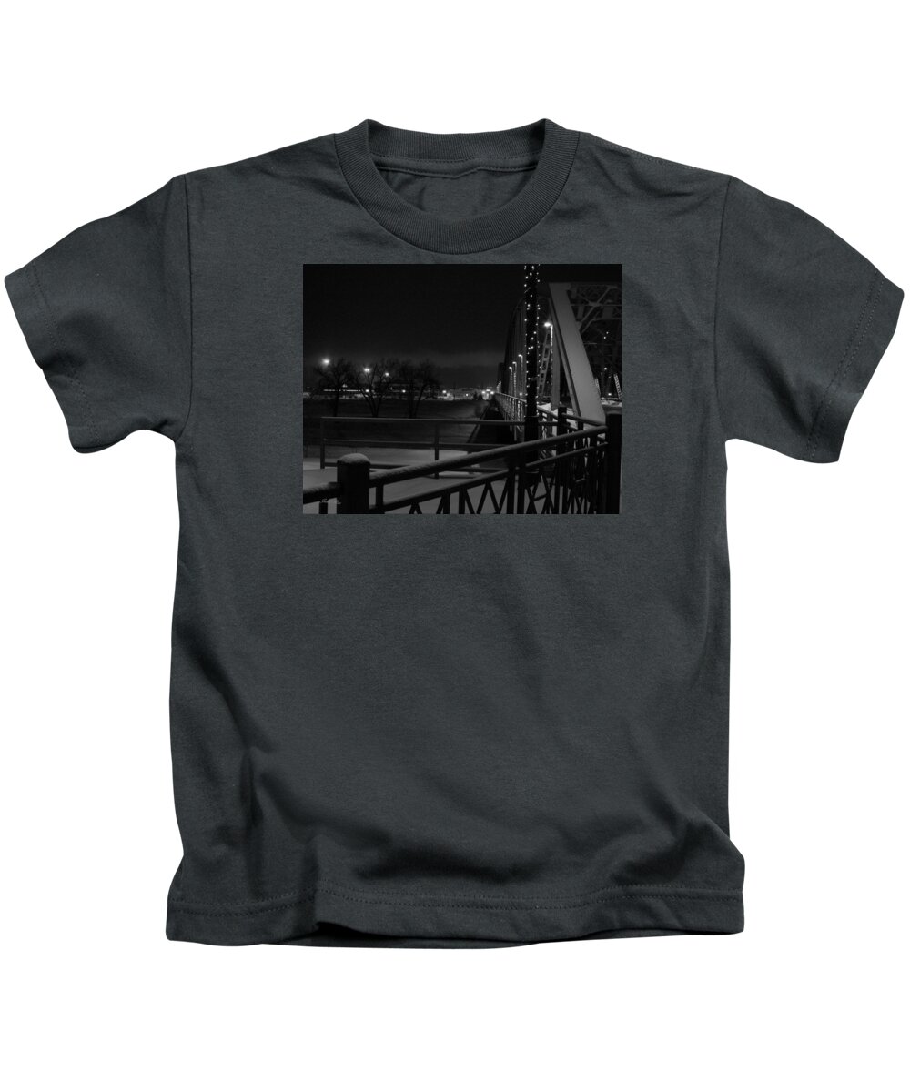Downtown Grand Forks North Dakota Winter Kids T-Shirt featuring the photograph Bridge to Minnesota by Jana Rosenkranz