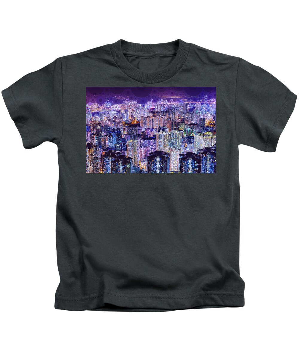 Hong Kong Kids T-Shirt featuring the mixed media Bright Lights, Big City by Susan Maxwell Schmidt