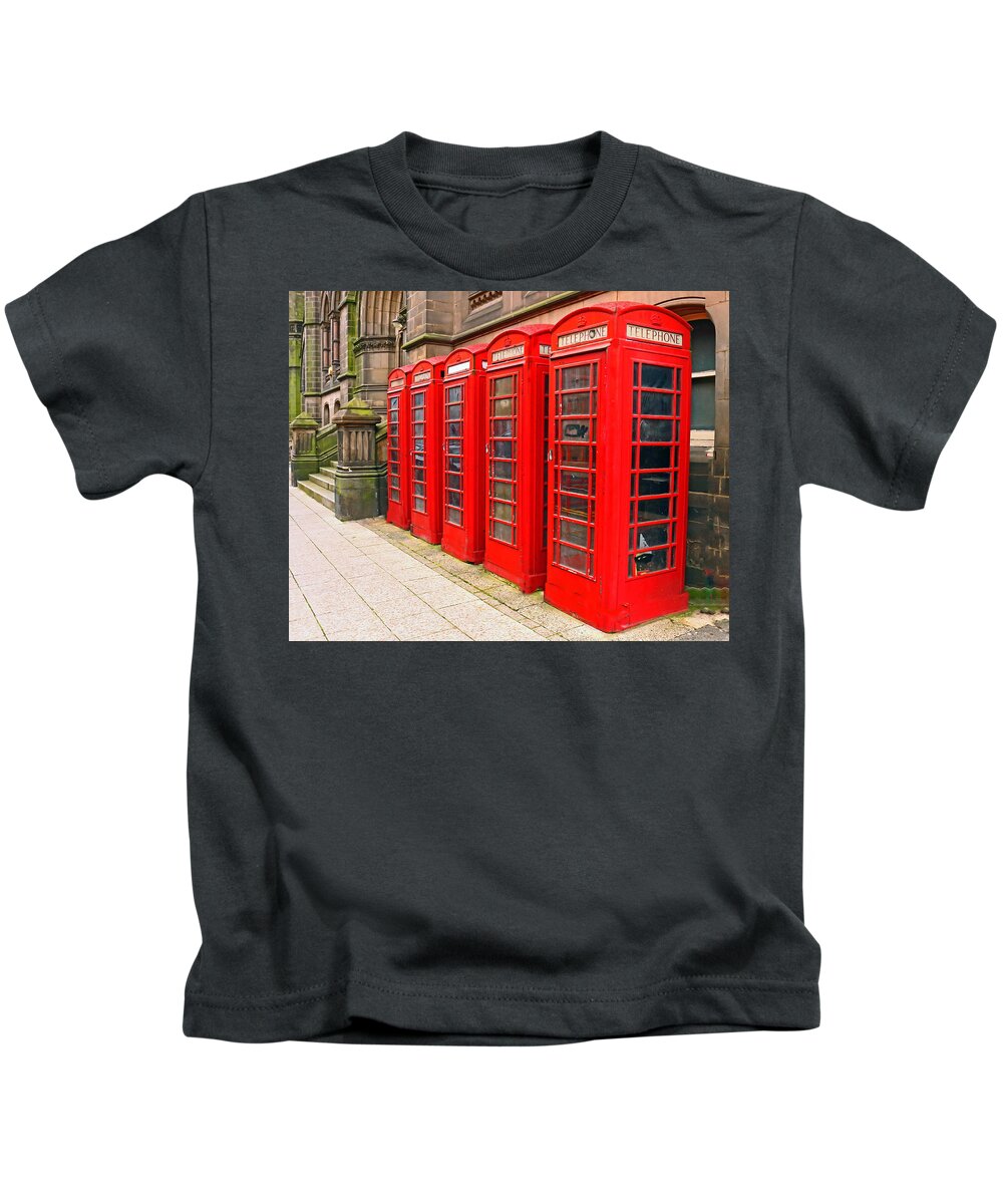 Telephone Boxes Red Town Hall Middlesbrough Traditional Cast Iron Glass Panels White Telephone Signs Dome Roof Kids T-Shirt featuring the photograph British Telephone Box by Jeff Townsend