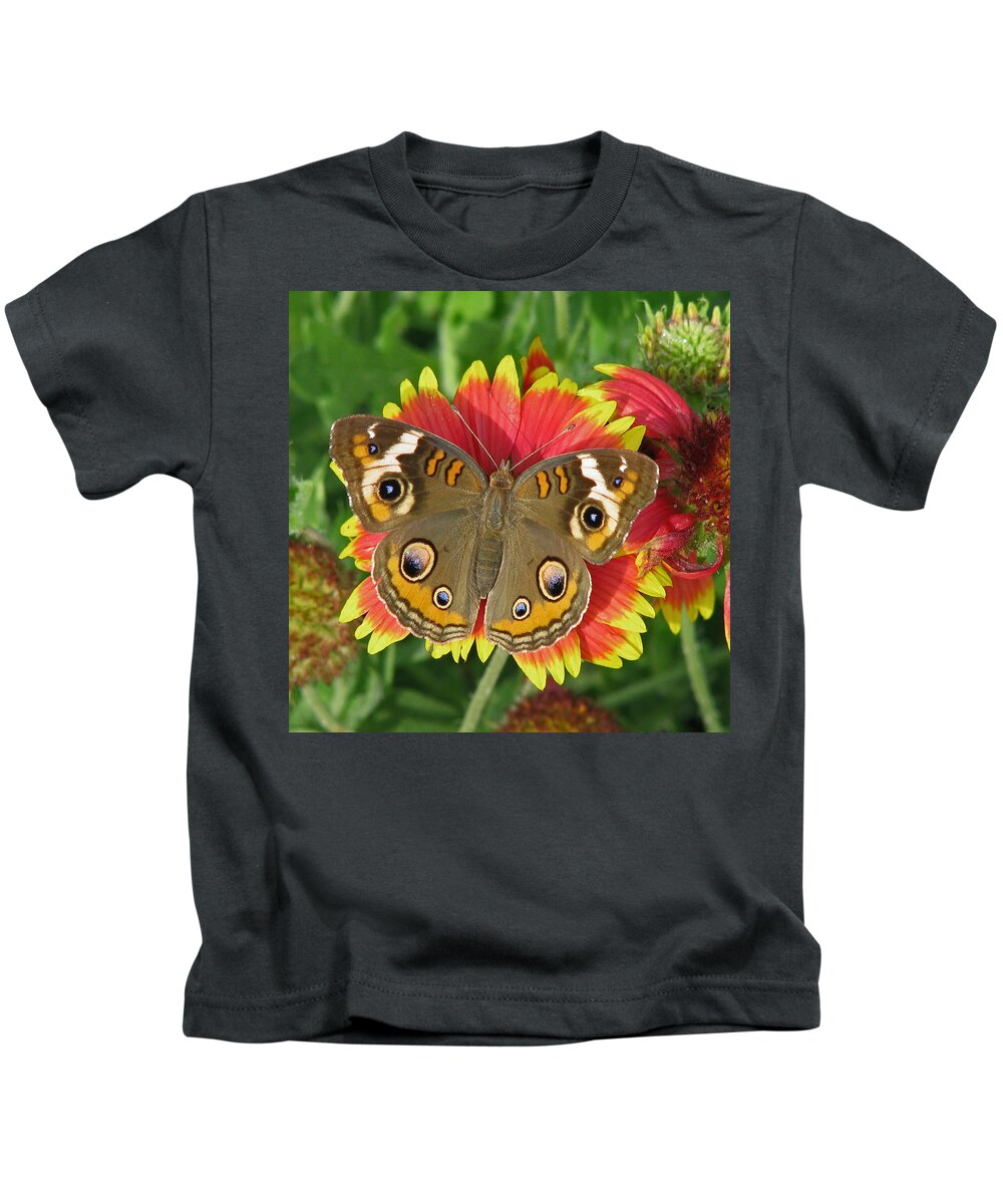 Nature Kids T-Shirt featuring the photograph Buckeye on Blanketflower by Peggy Urban