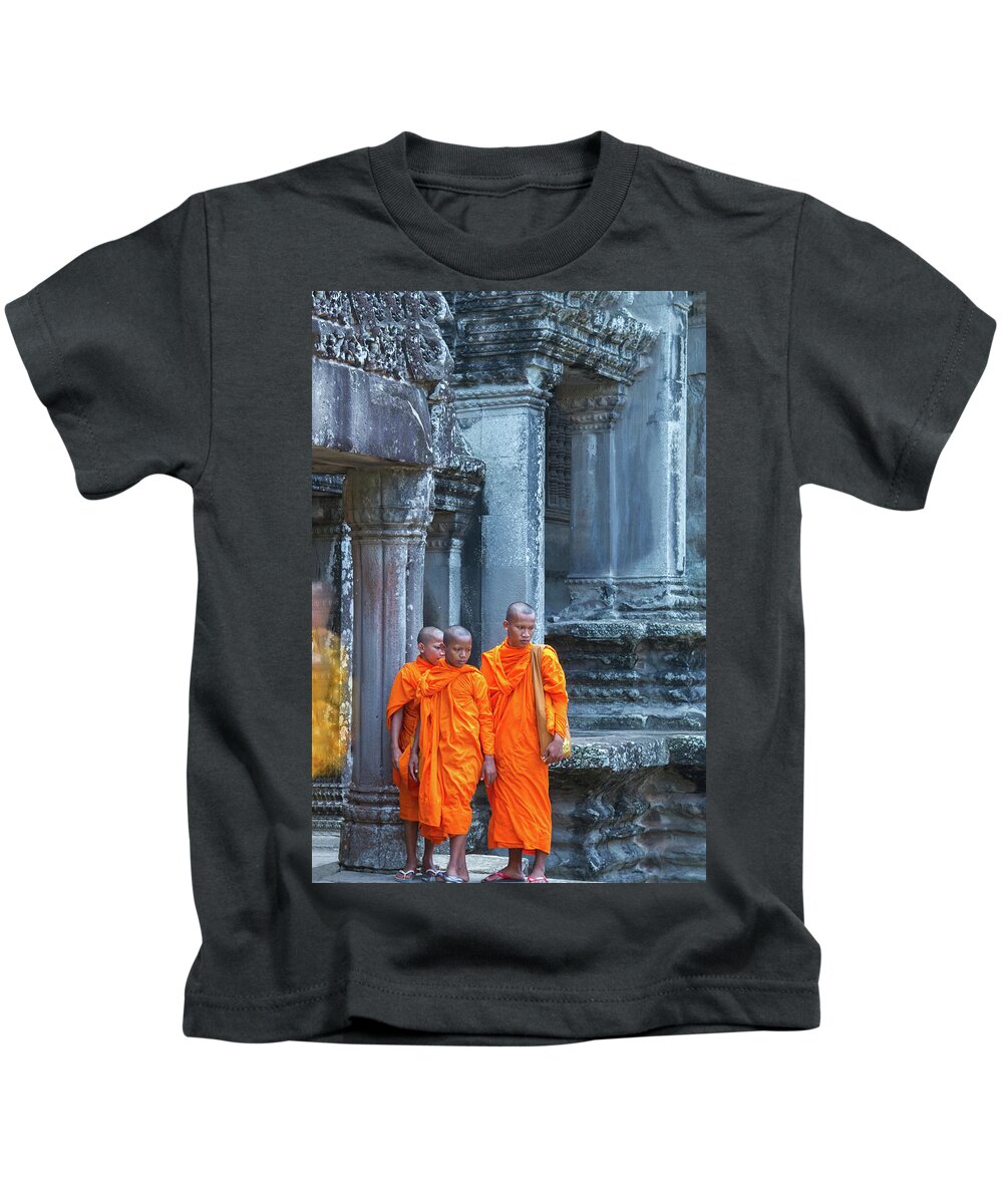 Buddhist Kids T-Shirt featuring the photograph Buddhist Monks Cambodia by Stelios Kleanthous