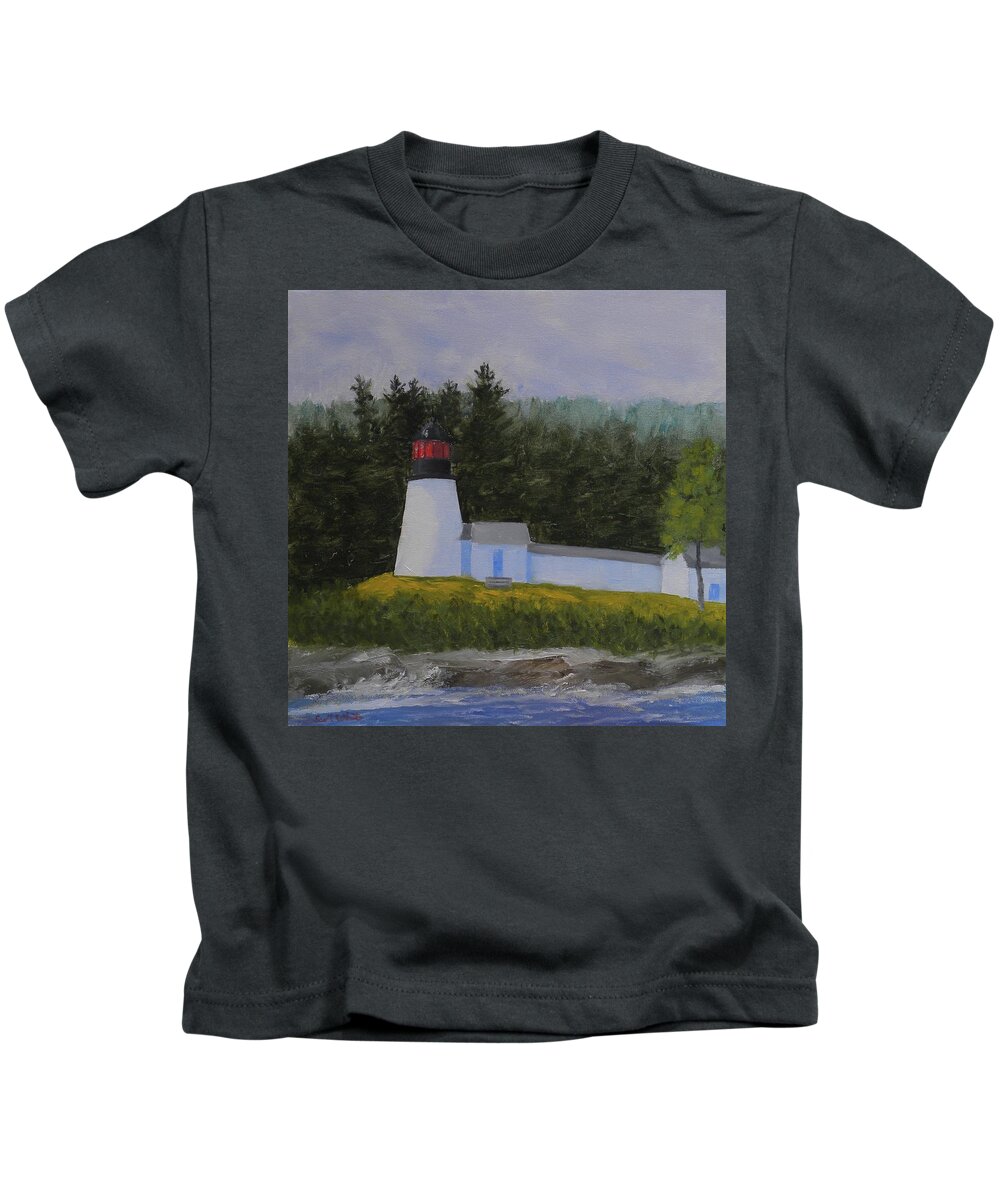 Lighthouse Landscape Ocean Seascape Burnt Island Boothbay Maine Kids T-Shirt featuring the painting Burnt Island Light by Scott W White