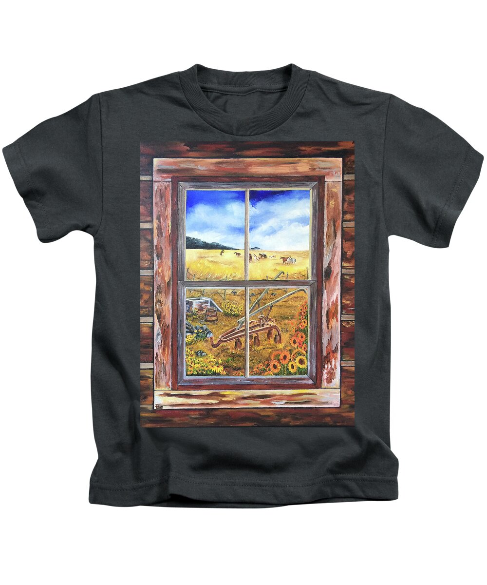 Western Kids T-Shirt featuring the painting Cabin Window by Terry R MacDonald