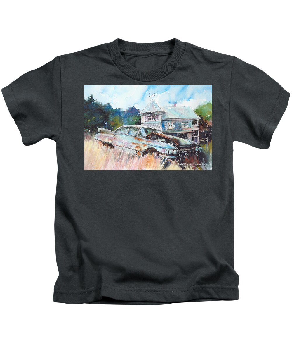 Cadillac Kids T-Shirt featuring the painting Caddy Sliding Down the Slope by Ron Morrison