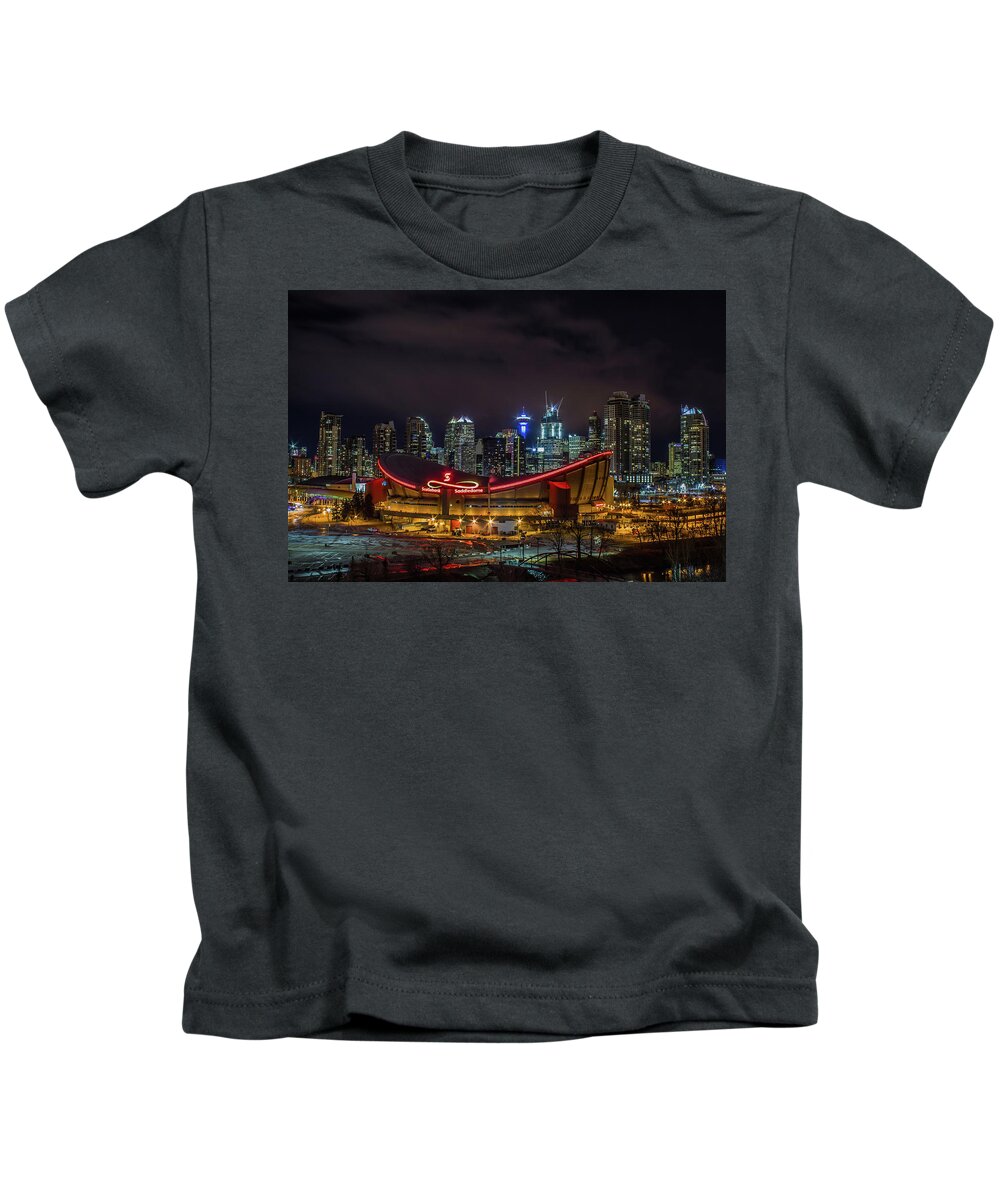 Calgary Kids T-Shirt featuring the photograph Calgary and the Saddledome at night by Jay Smith