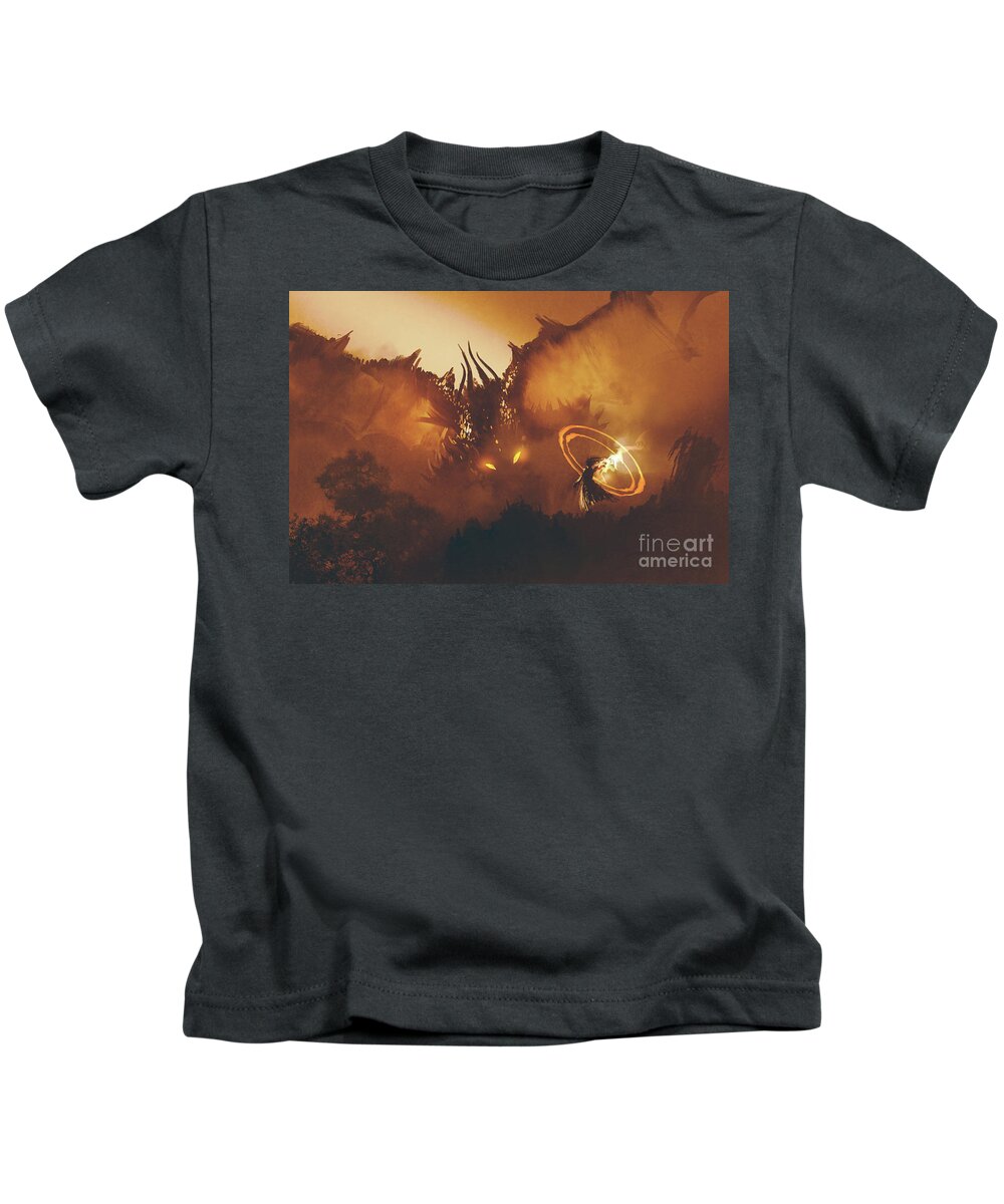 Illustration Kids T-Shirt featuring the painting Calling Of The Dragon by Tithi Luadthong