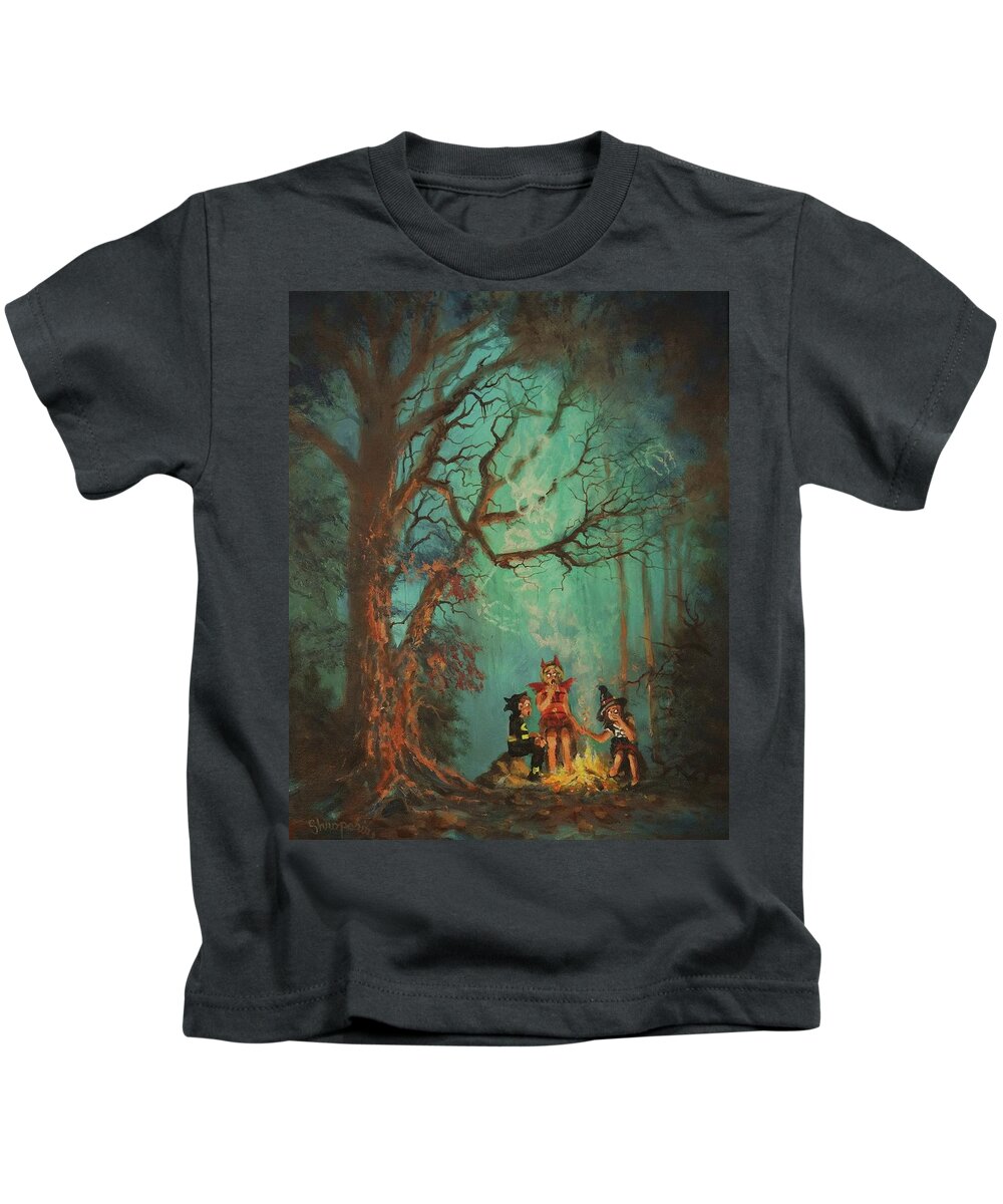 Halloween Kids T-Shirt featuring the painting Campfire Ghost by Tom Shropshire