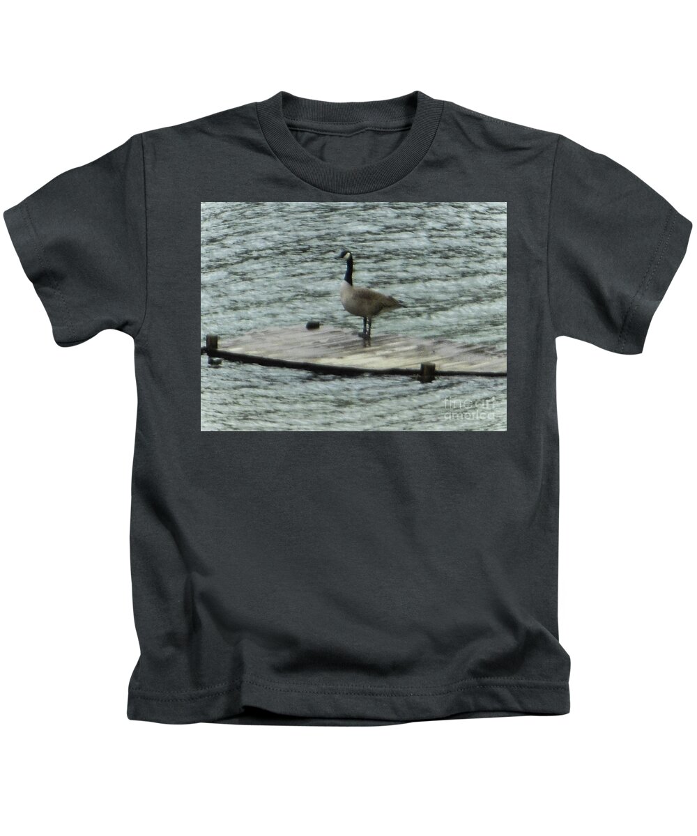 Canada Goose Kids T-Shirt featuring the photograph Canada Goose Lake Dock by Rockin Docks Deluxephotos