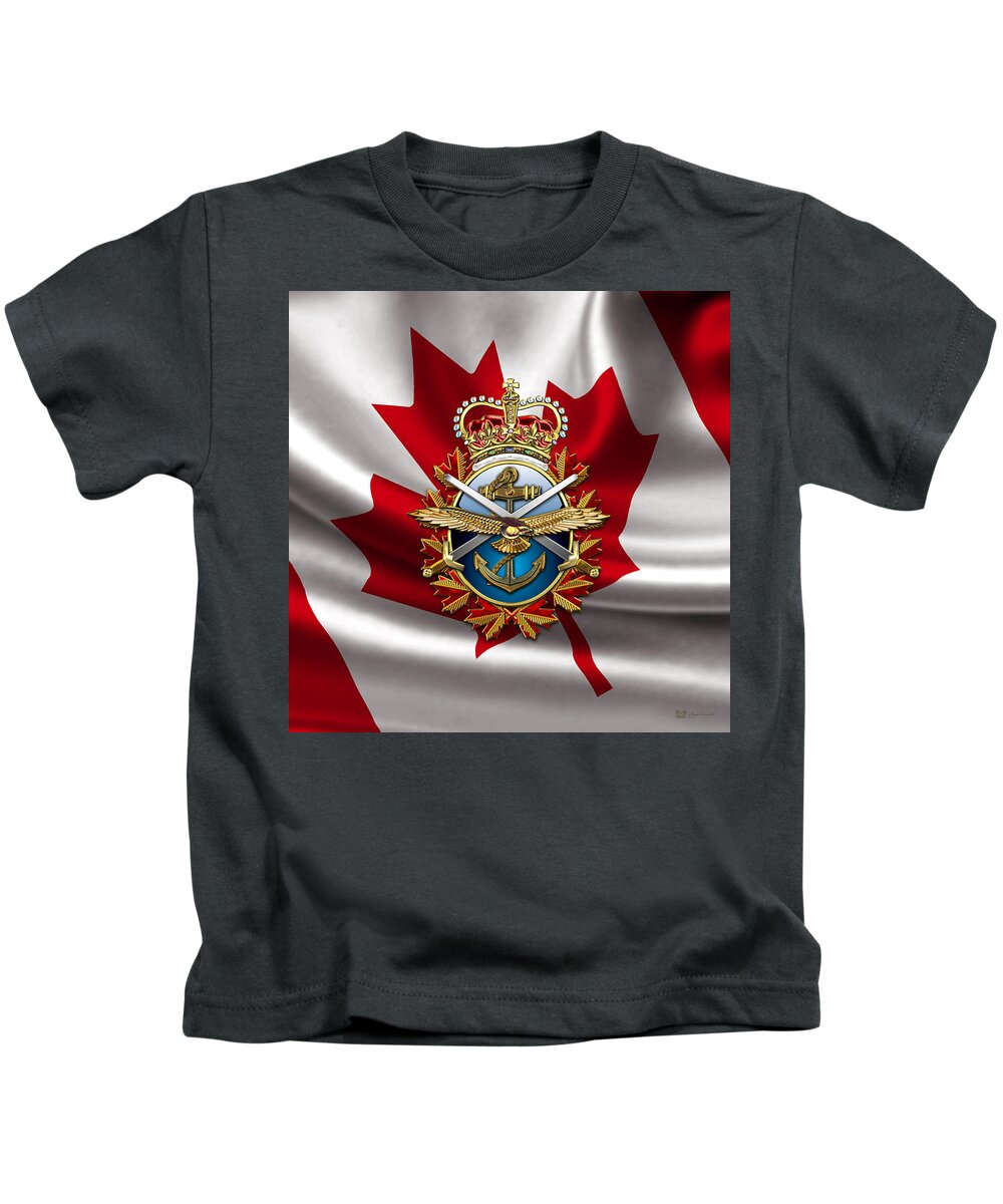 Military Insignia 3d By Serge Averbukh Kids T-Shirt featuring the photograph Canadian Forces Emblem over Flag by Serge Averbukh