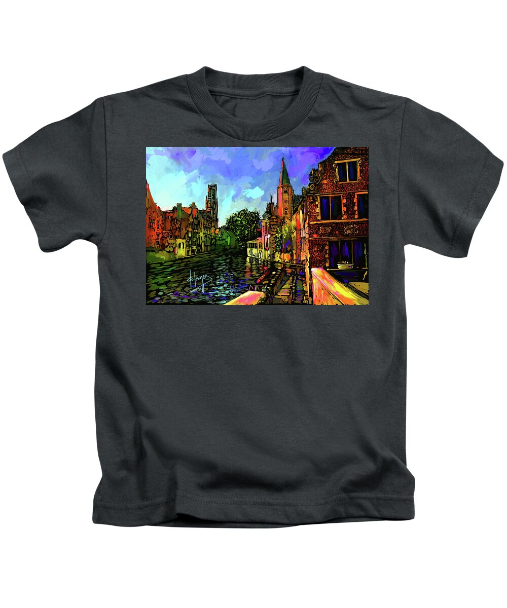 Landscape Kids T-Shirt featuring the painting Canal in Bruges by DC Langer
