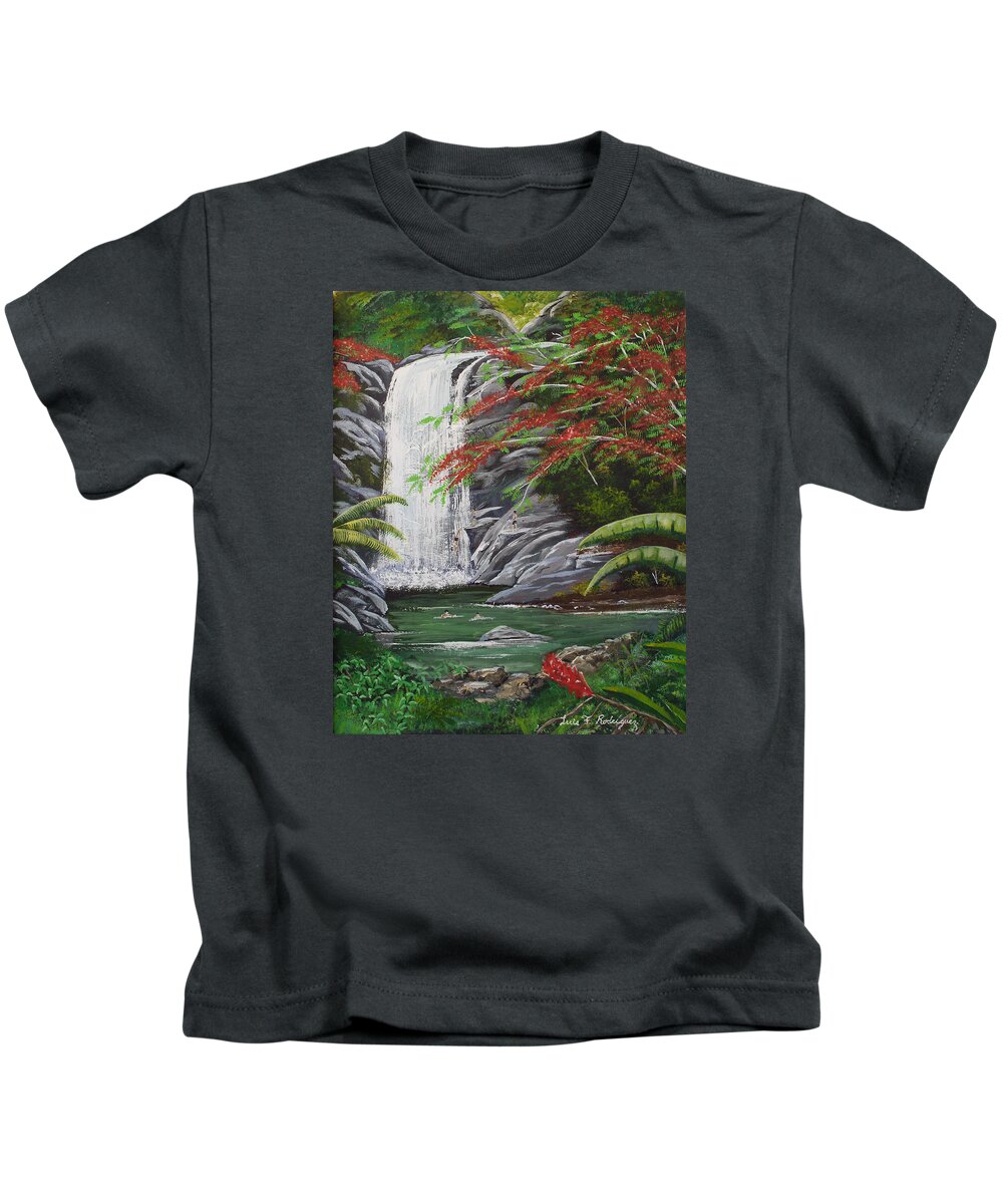Cascada Kids T-Shirt featuring the painting Cascada Tropical by Luis F Rodriguez