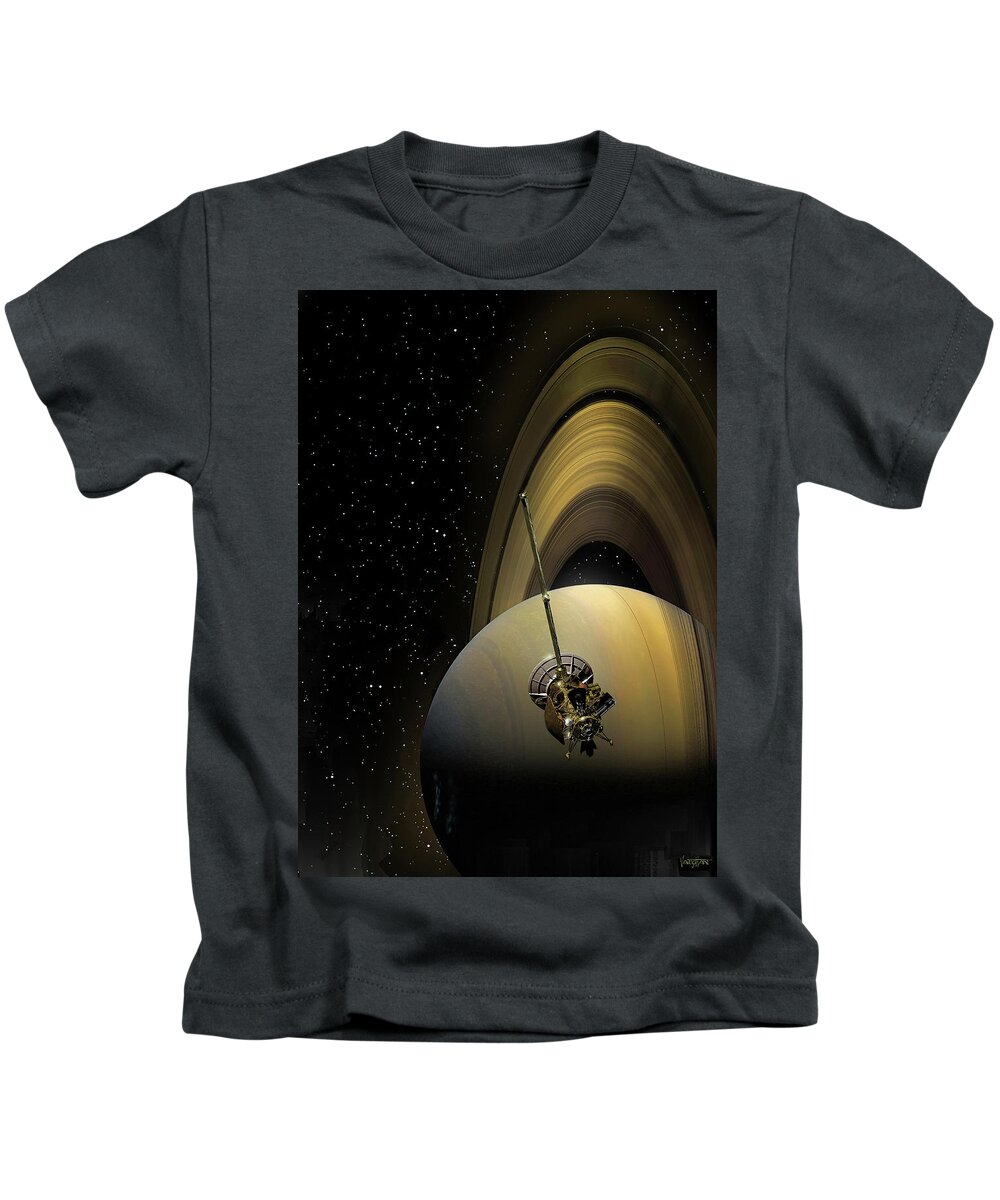 Aerospace Kids T-Shirt featuring the digital art Cassini Approaching Saturn by James Vaughan