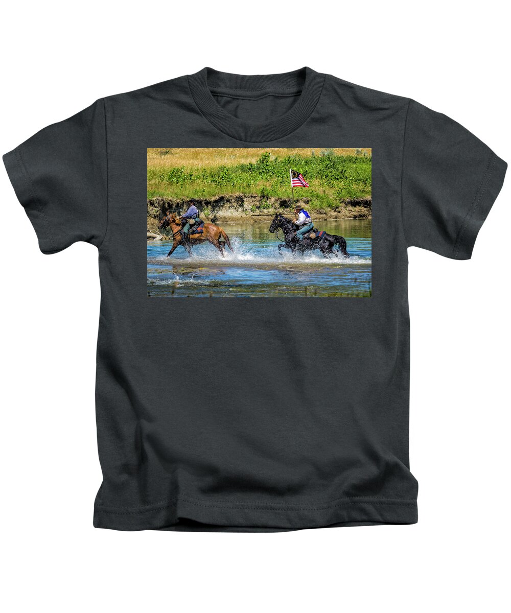 Little Bighorn Re-enactment Kids T-Shirt featuring the photograph Cavalry Troops Crossing Little Bighorn River by Donald Pash
