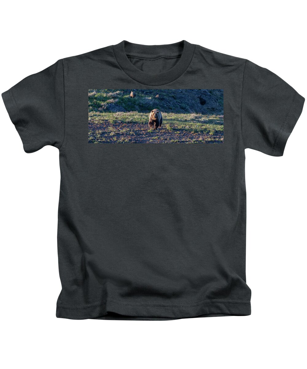 Grizzly Bear Kids T-Shirt featuring the photograph Charging Grizzly by Mark Miller