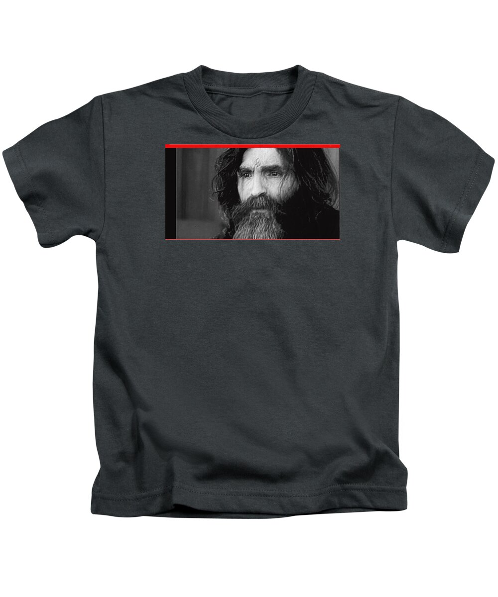Charles Manson Screen Capture Circa 1970 Kids T-Shirt featuring the photograph Charles Manson screen capture circa 1970-2015 by David Lee Guss