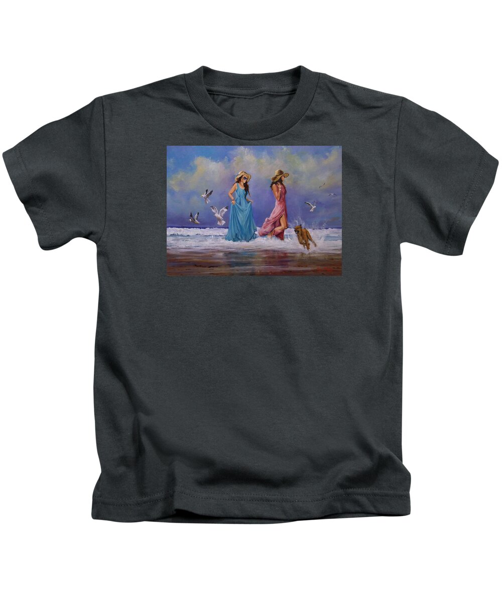 Romantacism Kids T-Shirt featuring the painting Chasing Gulls by Barry BLAKE