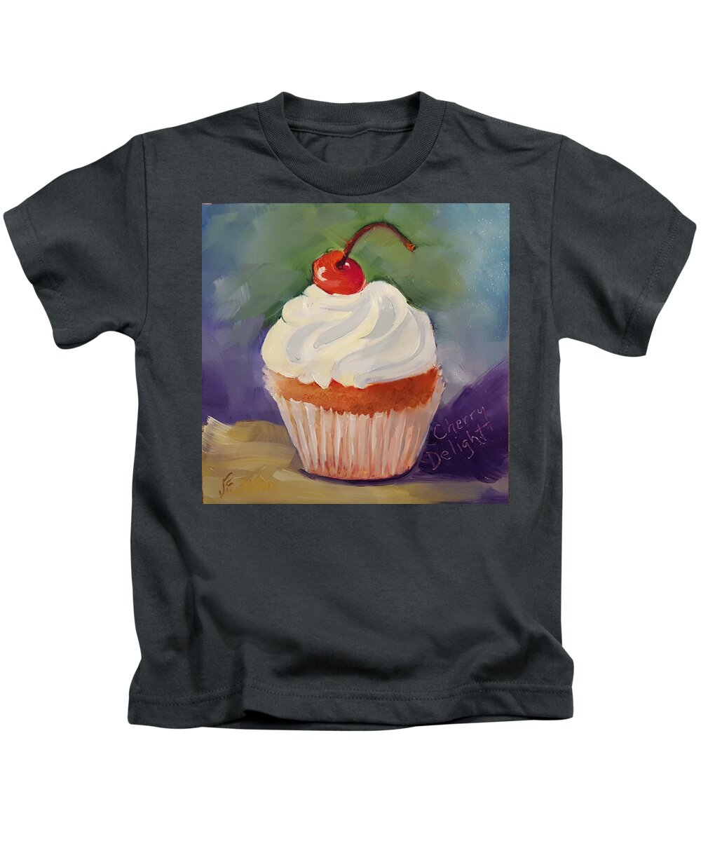 Cherry Delight Cupcake Kids T-Shirt featuring the painting Cherry Delight Cupcake by Judy Fischer Walton