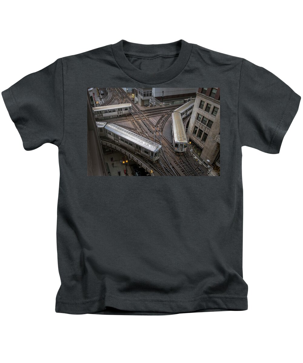 #railroad #railroads Train #trains Kids T-Shirt featuring the photograph Chicago CTA Tower 18 Junction by Jim Pearson